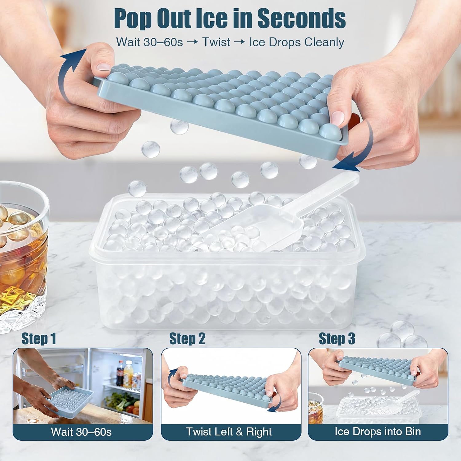 Mini Ice Cube Trays For Freezer With Lid, 0.55" Pebble Ice | 2 Trays-Blue, With Ice Box & Scoop. For Iced Coffee, Bottles, Juice & Everyday Drinks, Easy Twist Release, Stackable