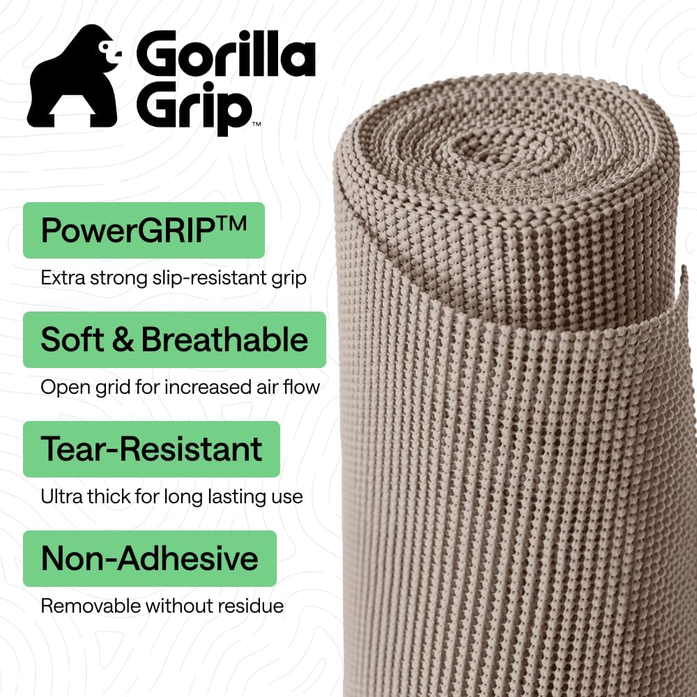 Gorilla Grip Powergrip Drawer Shelf And Cabinet Liner, Thick Strong Hold, Non-Adhesive Liners Protect Kitchen Cabinets And Cupboard, Bathroom Drawers, Easy Install, Breathable Mat, 12" X10', Beige