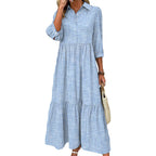 Xnc Women'S Blue And White Striped Shirt Maxi Dress 2026 Spring Fashion Collared Boho Breezy Print 3/4 Sleeve Long Dresses