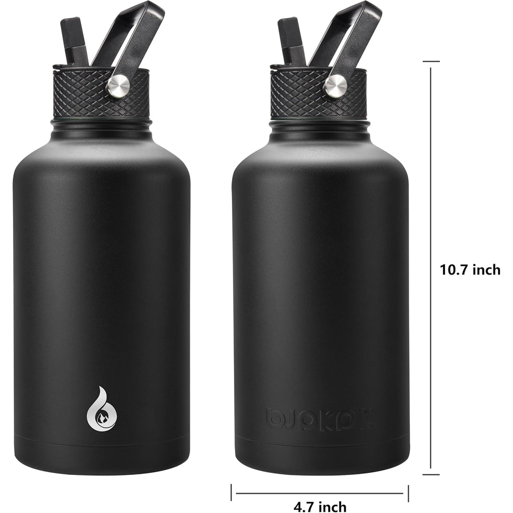 BJPKPK Half Gallon Insulated Water Bottles with Straw Lid, 64oz Large Water Jug, Stainless Steel Bottles with 3 Lids and Paracord Handle, Thermo for Hot & Cold Liquid, Black