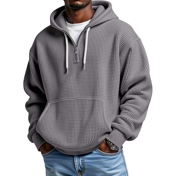 Men's Waffle Knit Quarter Zip Hoodie Long Sleeve Pullover Sweatshirt with Pockets