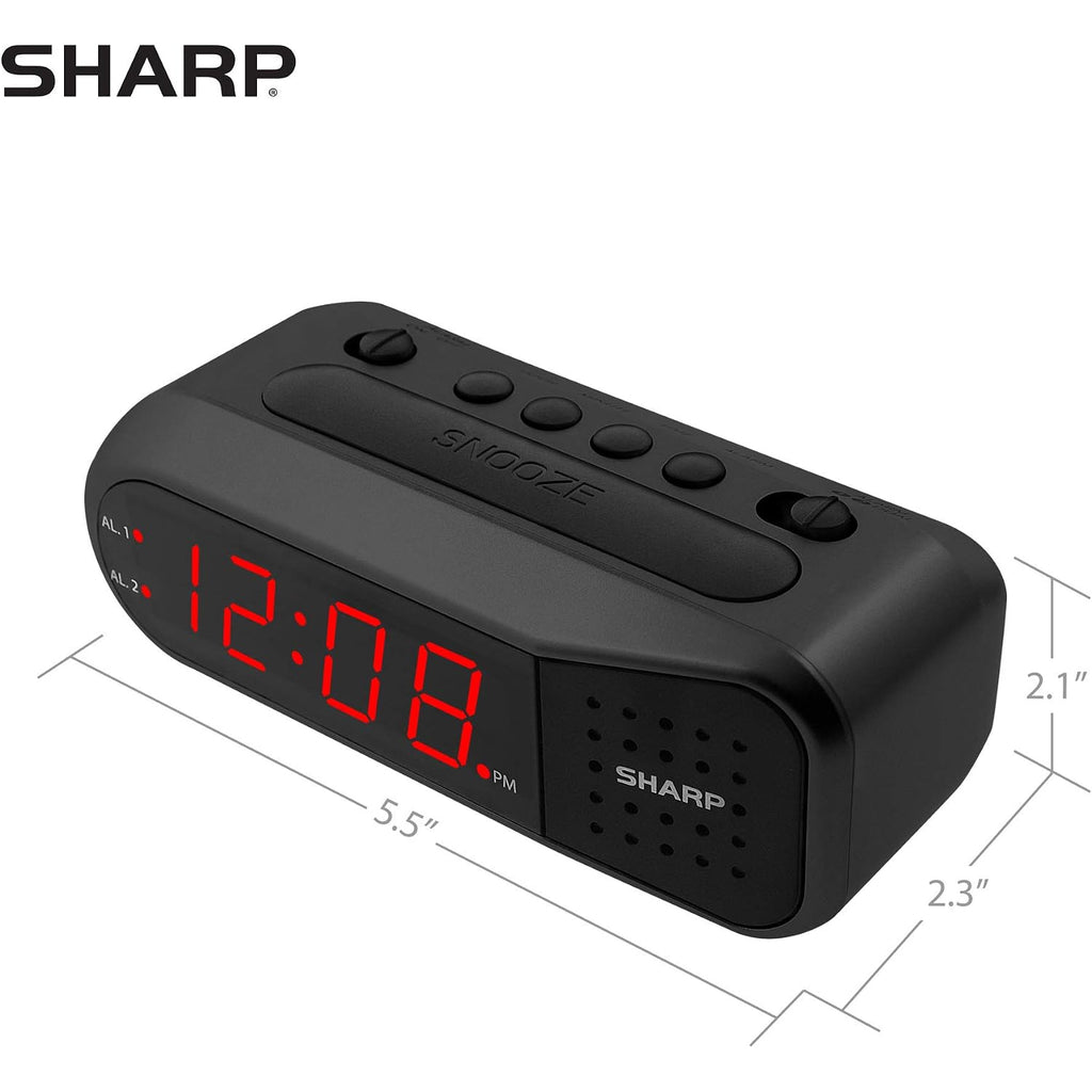 Sharp Digital Alarm Clock For Heavy Sleepers, Dual Alarm, Red Led, Black | Ascending Wake Sound, Weekday/Weekend Scheduling, 9-Minute Snooze, Easy-Set Controls, 2 Aa Backup, Bedroom, Dorm, Office