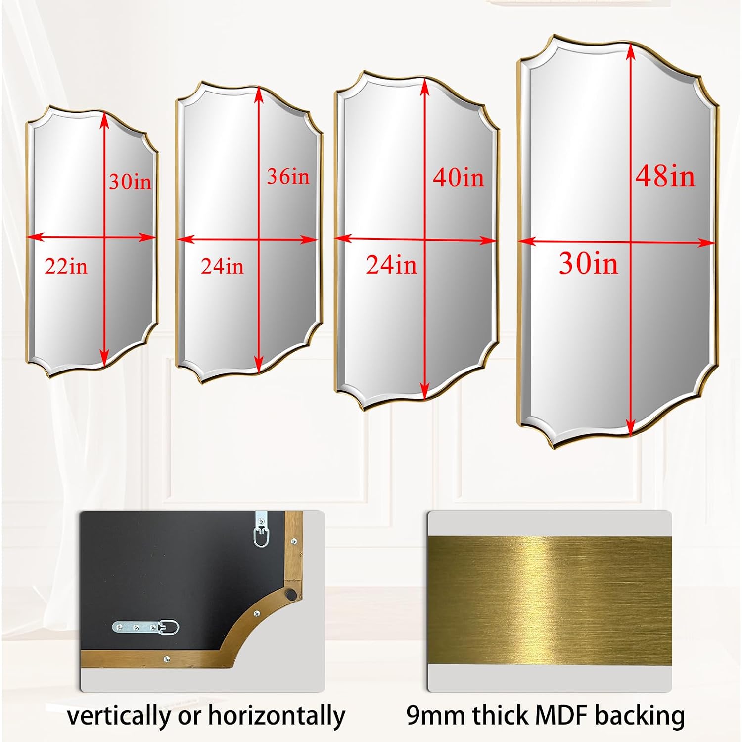Pozino 48"X30" Large Brushed Gold Scalloped Wall Mirror With Beveled Edge | Stainless Steel Frame Hd Mirror, Horizontal/Vertical Mount, Rectangle Wavy Wall Mirror For Bathroom Vanity Entryway Bedroom