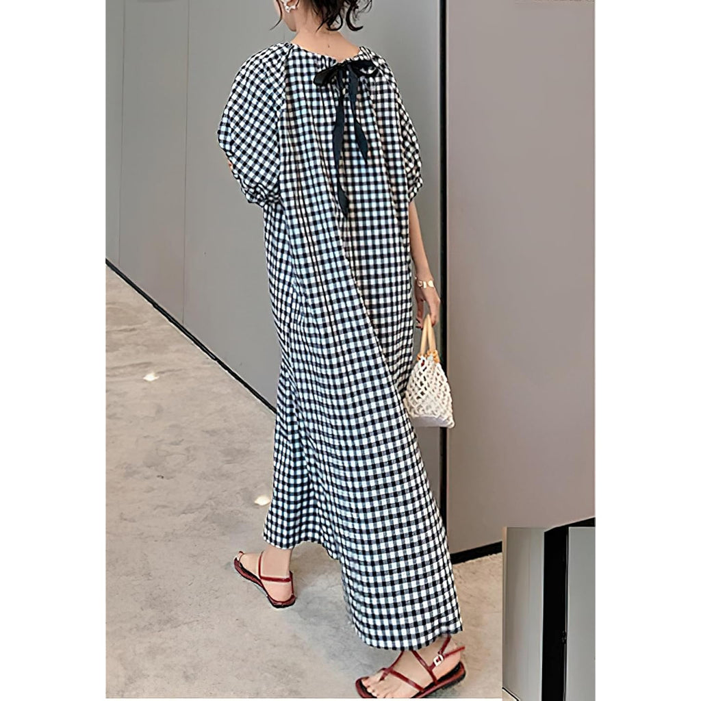 Chouyatou Women'S Casual Gingham Loose-Fit Swing Dress Cotton Lantern Puff Sleeve Plaid Midi Long Dress