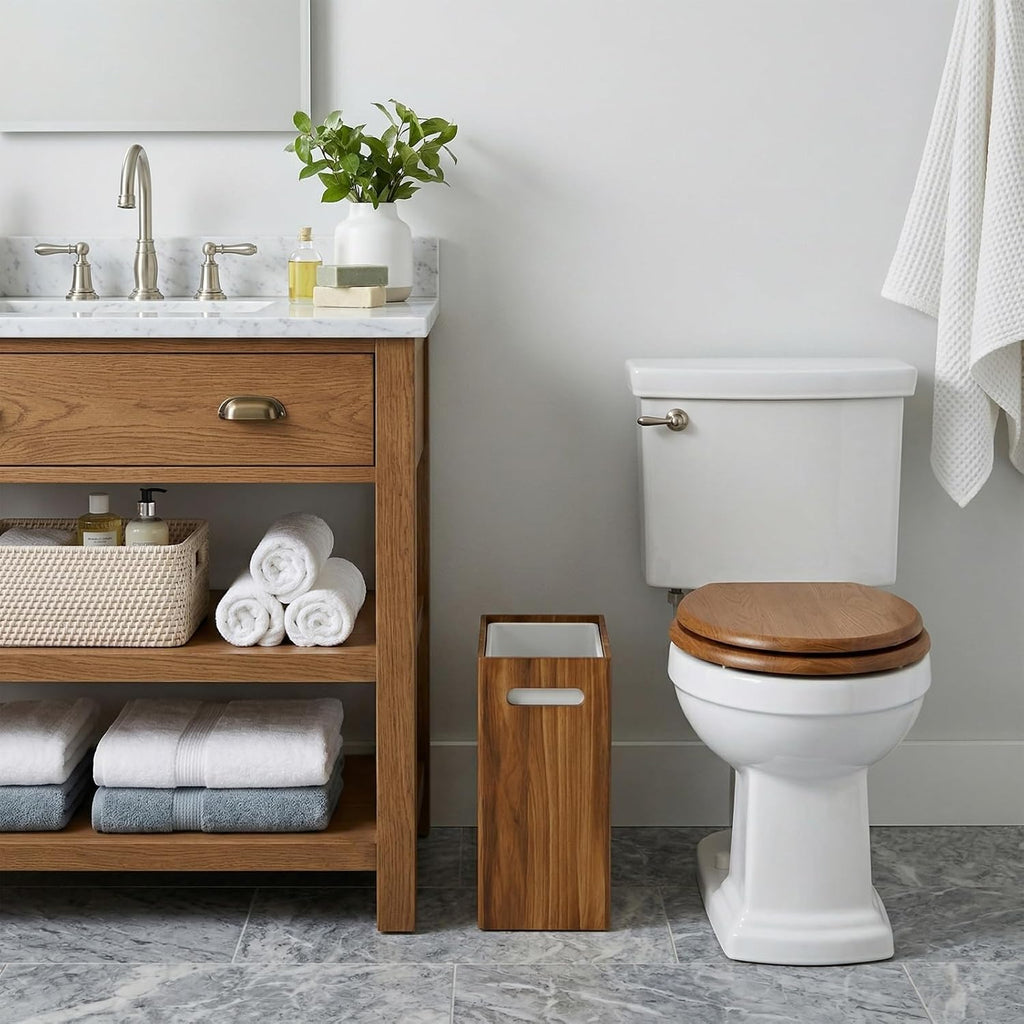 3 Gallon Wooden Trash Can With Liner,Small Solid Wood Bathroom Trash Can,Narrow Garbage Can,Decorative Waste Basket For Bathroom,Bedroom,Office