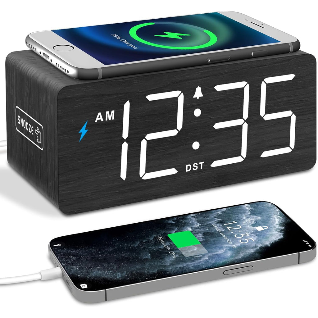 Dreamsky Wooden Digital Alarm Clock With Wireless Charging For Bedroom, Bedside Nightstand Clock With Charger Station, Usb Port, Large Numbers, Adjustable Volume, Brightness Dimmer, Dst