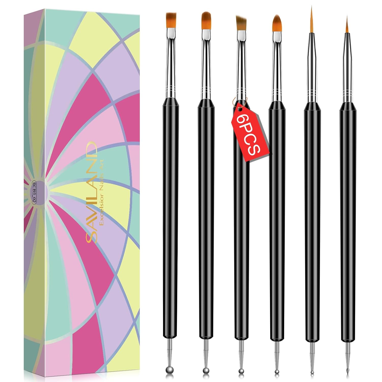 SAVILAND Nail Art Brushes Set - 6pcs Double-End Nail Art Tools Professional Nail Art Kit Dotting Tools Line Pen Painting Brushes for Gel Polish Nail Design French Manicure