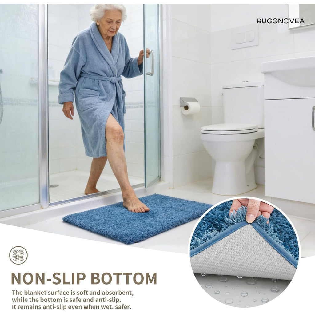 Bathroom Rugs Non Slip Washable, Ultra Thick Soft Microfiber Absorbent Bath Mats, High Density Foam Latex Non Slip Backing Bath Rugs, Fluffy Floor Carpet for Tub&Shower 24x17, Blue