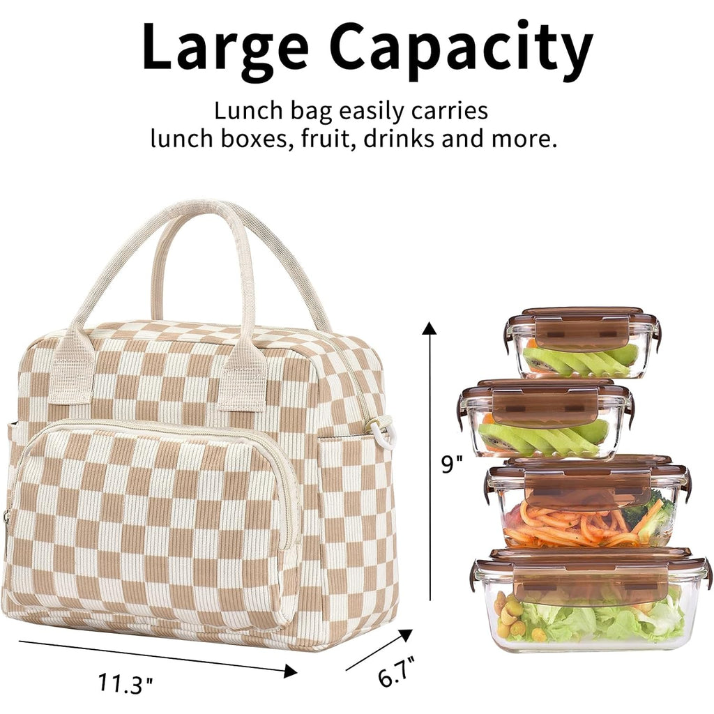 Lunch Bag Women Lunch Box For Women Adult Cute Insulated Lunch Bag Lager Cooler Lunch Tote Bags For Work Picnic (Beige-Brown Plaid)