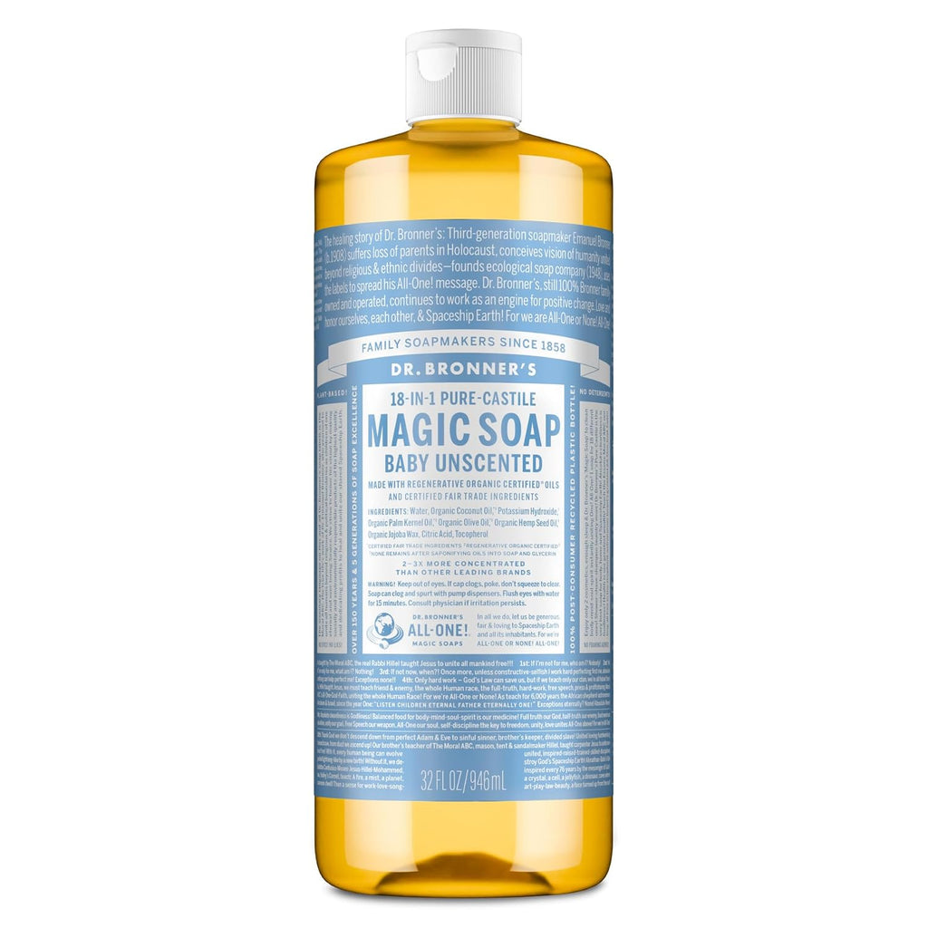 Dr. Bronner'S Pure-Castile Magic Soap Liquid (Baby Unscented, 32 Ounce) – Made With Regenerative Organic Certified Oils – For Sensitive Skin, Babies, Face, Hair, Laundry, Dishes, Hand Soap & Body Wash