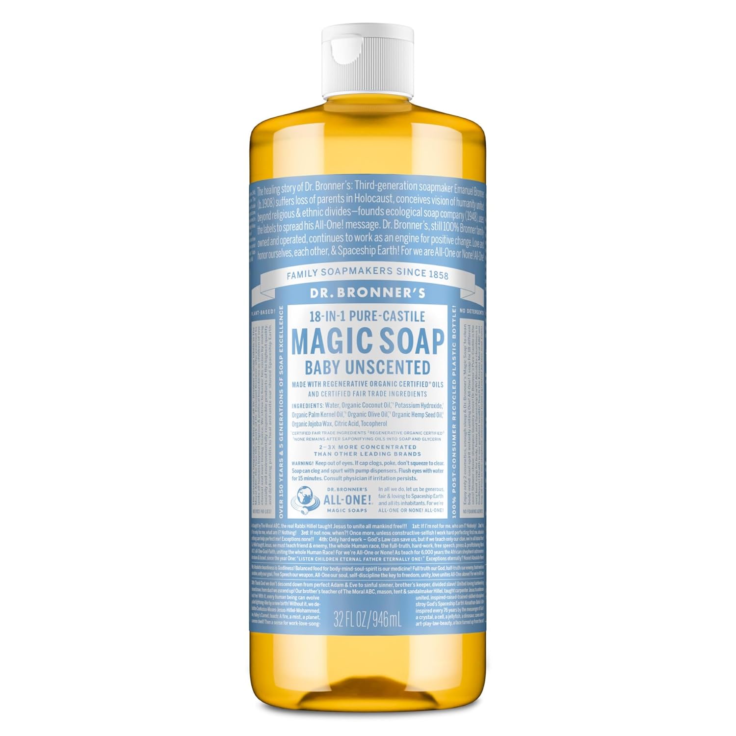 Dr. Bronner's Pure-Castile Magic Soap Liquid (Baby Unscented, 32 Ounce) – Made with Regenerative Organic Certified Oils – For Sensitive Skin, Babies, Face, Hair, Laundry, Dishes, Hand Soap & Body Wash