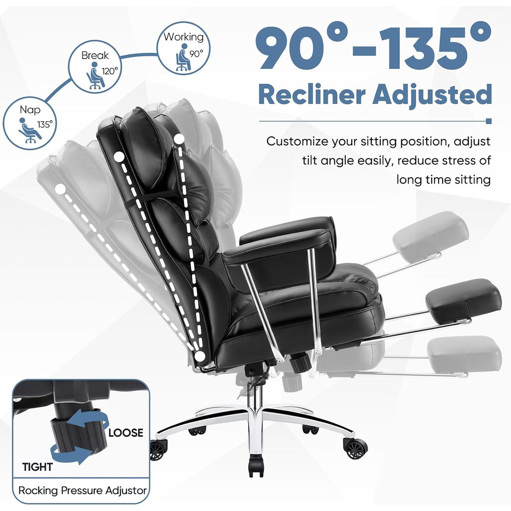 Dumos Home Office Desk Executive Chair - Ergonomic Big Tall High Back With Footrest & Lumbar Support, Reclining Height Adjustable, Comfy Pu Leather Computer Gaming With Swivel Wheels, Black