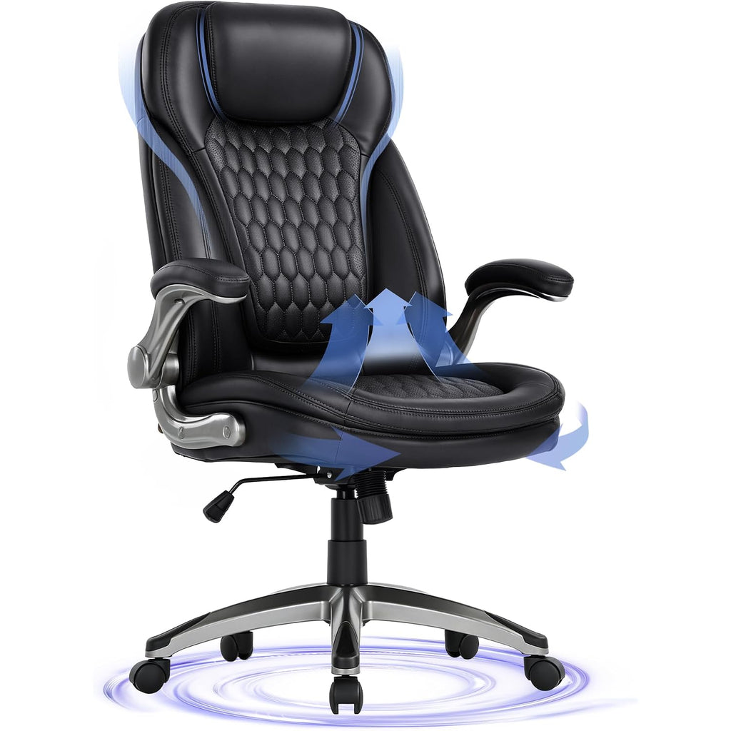 Colamy Executive Office Chair-Ergonomic Computer Desk Chair, High Back Leather Chair With Padded Flip-Up Arms, Swivel Home Office Chair, Black
