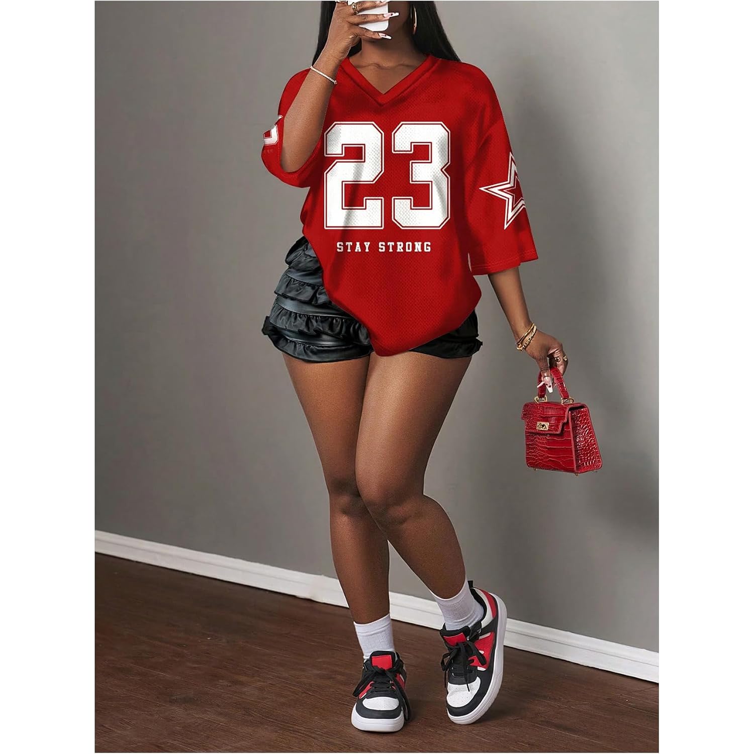 MakeMeChic Women's Football Jersey Shirts Soccer Jersey Number Oversized Y2K Tee Tops Red and White