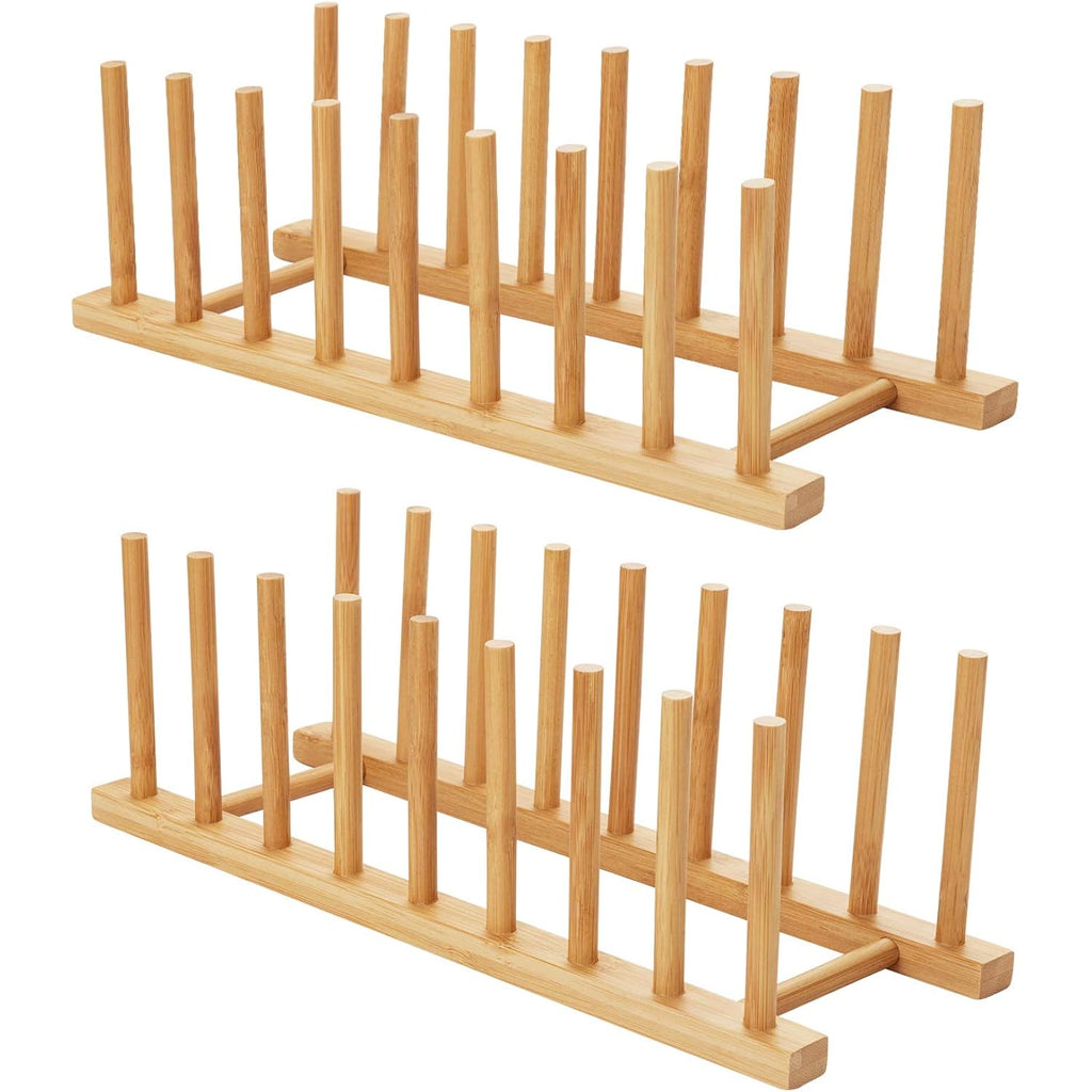 Hblife 2Pcs Bamboo Dish Plate Bowl Cup Book Pot Lid Cutting Board Drying Rack Stand Drainer Storage Holder Organizer Kitchen Cabinet（Keep Dry）