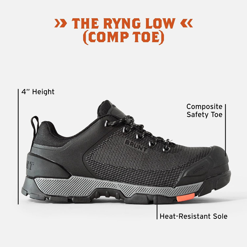 Brunt Ryng Low Top (Comp Toe) - 4" Lightweight Composite Toe Work Shoe - Eh Rated - Slip + Oil Resistant - Heat-Resistant Sole - Breathable, Flexible Fit - Adjustable