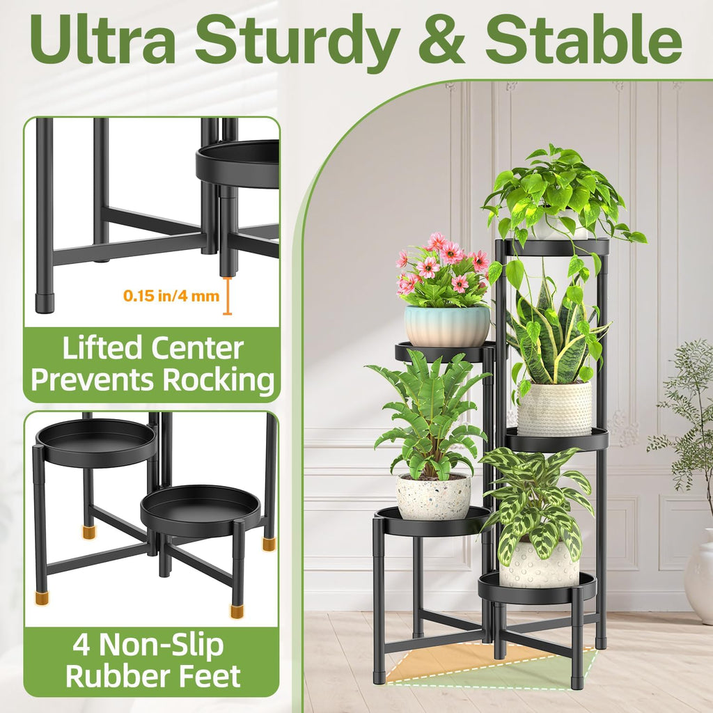 Plant Stand Indoor Outdoor, 5 Tier Corner Metal Flower Display Holder Shelf, Folding Tall Orchid Rack For Patio Balcony Porch Garden Living Room House, Black