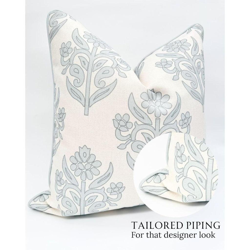 “The Naples” Floral Block Print Pillow Cover – Grey And White Blue Decorative Throw Pillow Cover – Grandmillennial Home Decor, 20" X 20"