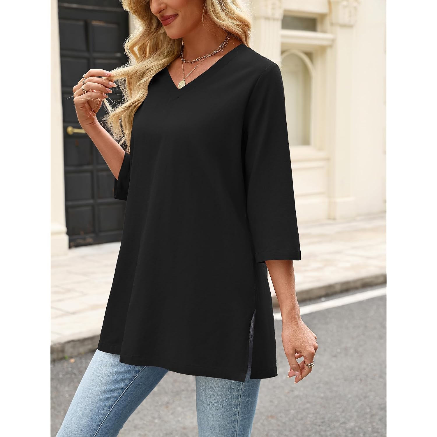 3/4 Length Sleeve Cotton Linen Womens Tops V Neck Loose Fit Dressy Casual Blouse Flowy Shirts Womens Clothing