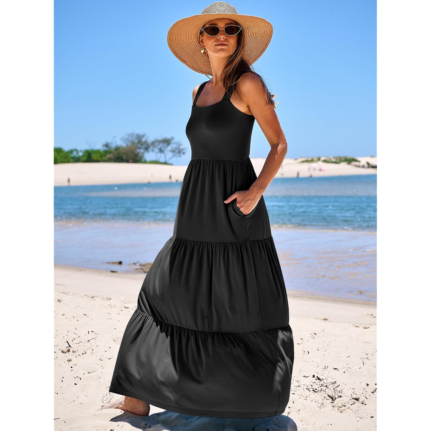 Anrabess Women'S Summer Casual Long Maxi Beach Vacation Dresses Sleeveless Square Neck Flowy Tiered Sun Dress With Pockets