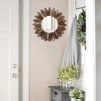 Boho Wall Decor 12 Inch Decorative Mirror With Rustic Wood Sunburst Frame, Perfect For Bedroom, Living Room, Bathroom, Kitchen