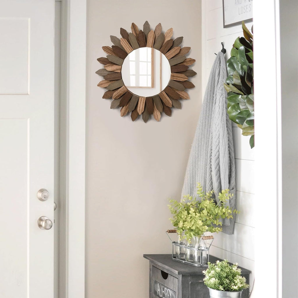 Boho Wall Decor 12 Inch Decorative Mirror With Rustic Wood Sunburst Frame, Perfect For Bedroom, Living Room, Bathroom, Kitchen