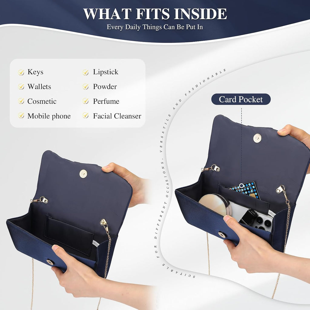 Pleated Satin Evening Bag For Women, Formal Clutch Purse, Envelope Handbag For Wedding, Prom, Party & Cocktail