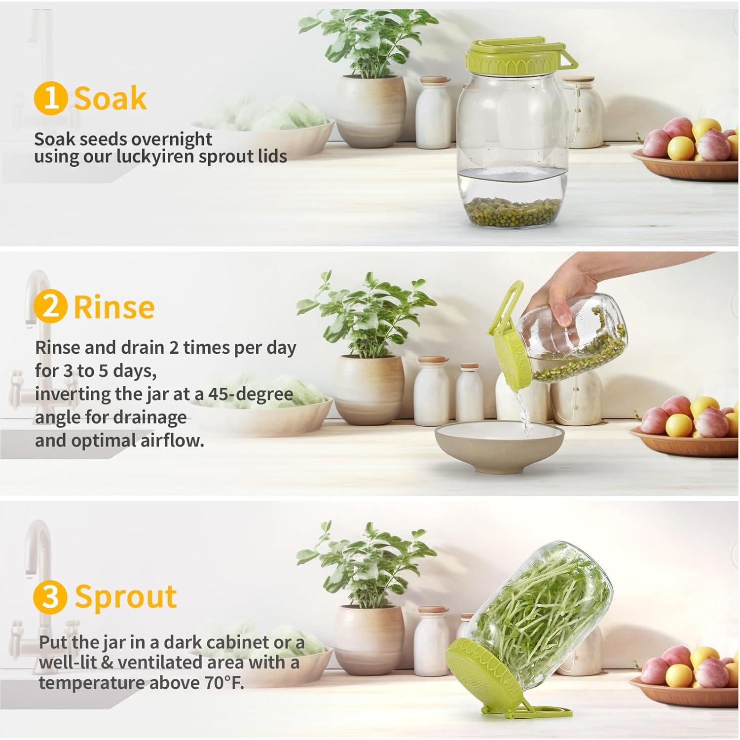 Happyiren Sprouting Kit for Wide Mouth Mason Jars, 2-Pack BPA-Free One-Piece Sprouting Lids with Built-In Stand, Seed Germination Jar Sprouter Lid, Fits Wide Mouth Jars (3.38"/86mm)