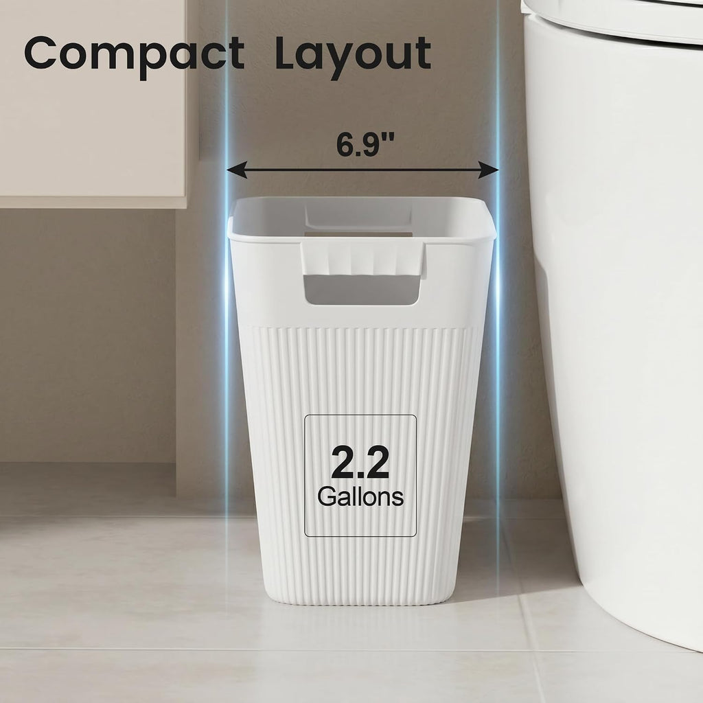 Joymoop Slim Trash Can 3-Pack, 2.2 Gallon Plastic Wastebasket For Bathroom, Bedroom, Office, Kitchen With 4 Rolls Bags, White