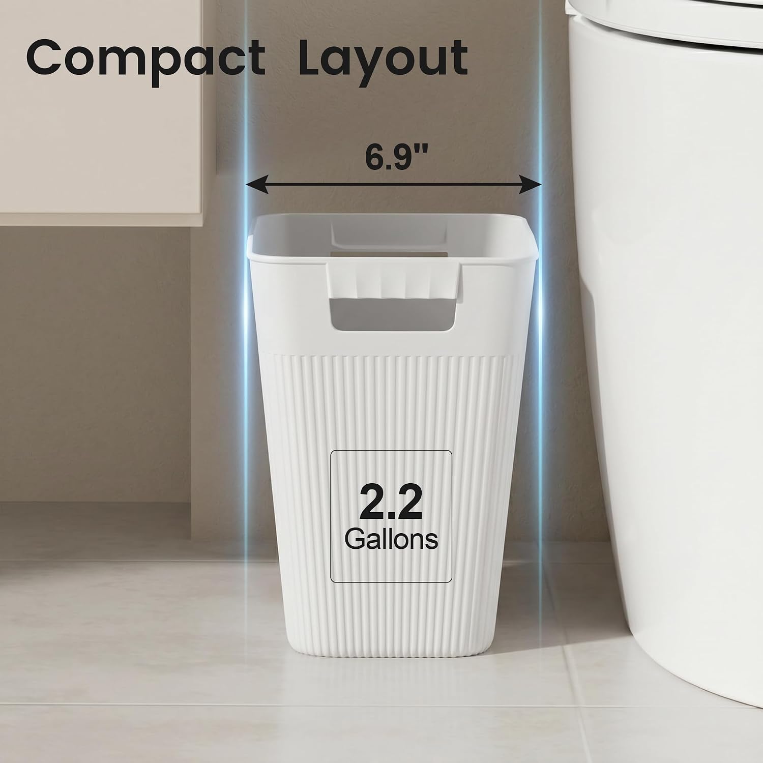 Joymoop Slim Trash Can 3-Pack, 2.2 Gallon Plastic Wastebasket For Bathroom, Bedroom, Office, Kitchen With 4 Rolls Bags, White