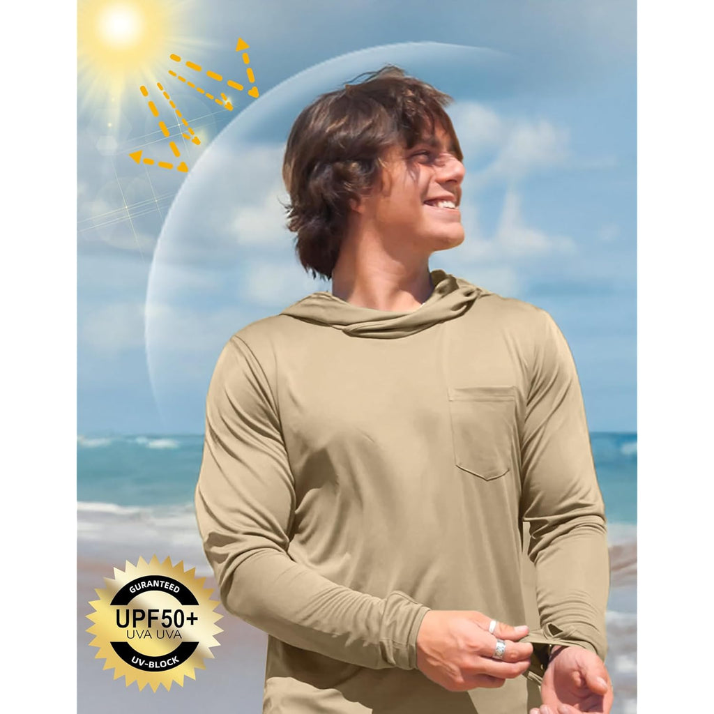 Men'S Sun Protection Shirts Upf 50+ Long Sleeve Hoodie With 2 Pockets Uv Spf Fishing Hiking Rash Guard Shirts
