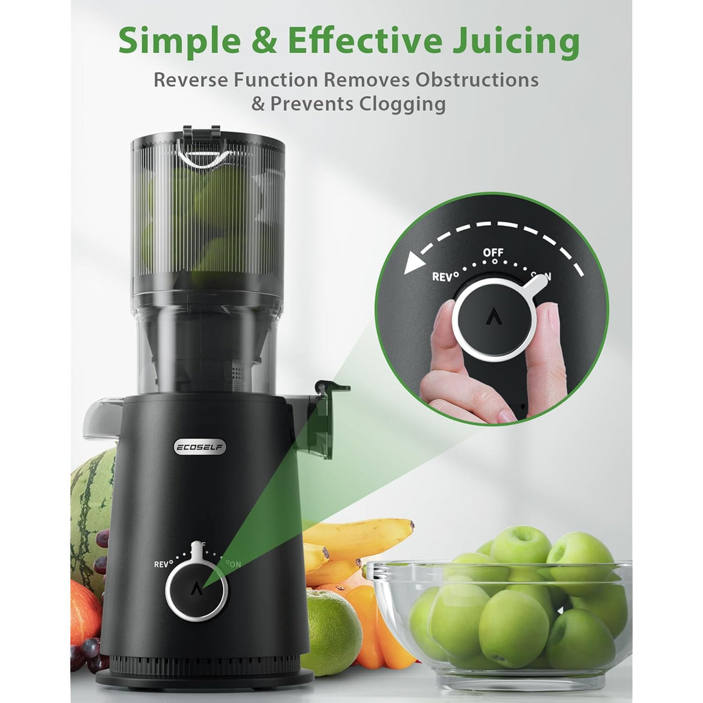 ECOSELF Juicer Machines Easy to Clean, With Wide Mouth & Large Feed Chute For Whole Fruits & Vegetables, Slow Masticating Juicer Hands-Free, Quiet Motor, Cold Press Juicer For Family, With Pusher