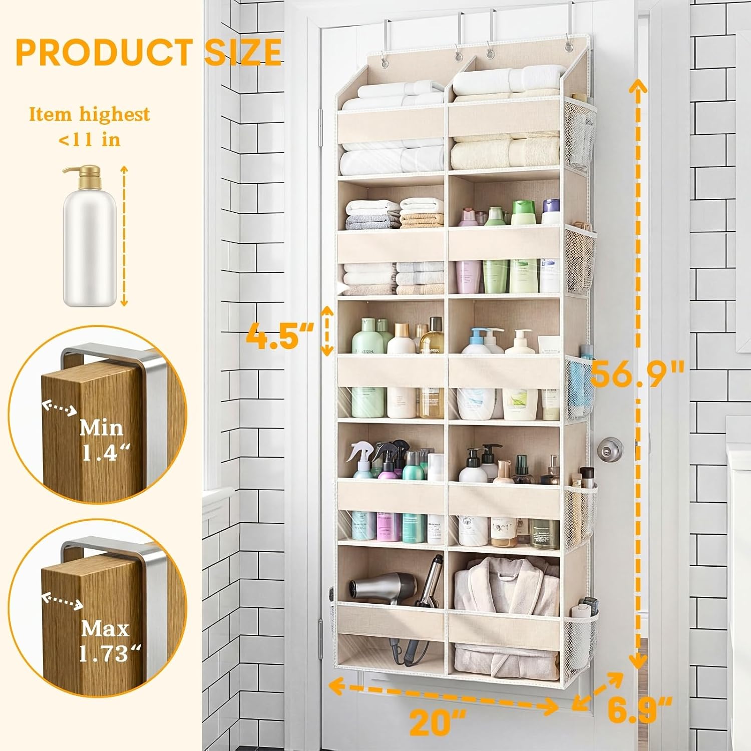 Over The Door Organizer 5 Tiers,Extra Large Behind Door Storage Of 10 Compartments,80 Lbs Weight Capacity Over The Door Storage, Door Hanging Organizer For Closet, Diaper Organizer, Beige