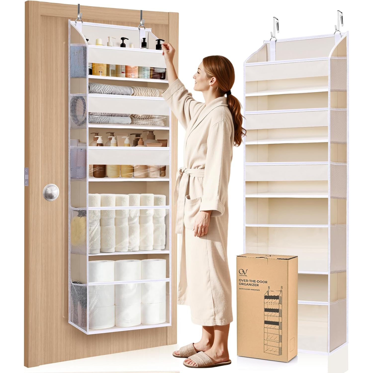 5 Tiers Over The Door Organizer With 10 Mesh Side Pockets, 44 Lbs Weight Capacity Closet Hanging Storage Organizer With Large Clear Window Kids Toys, Shoes, Diapers, Beige