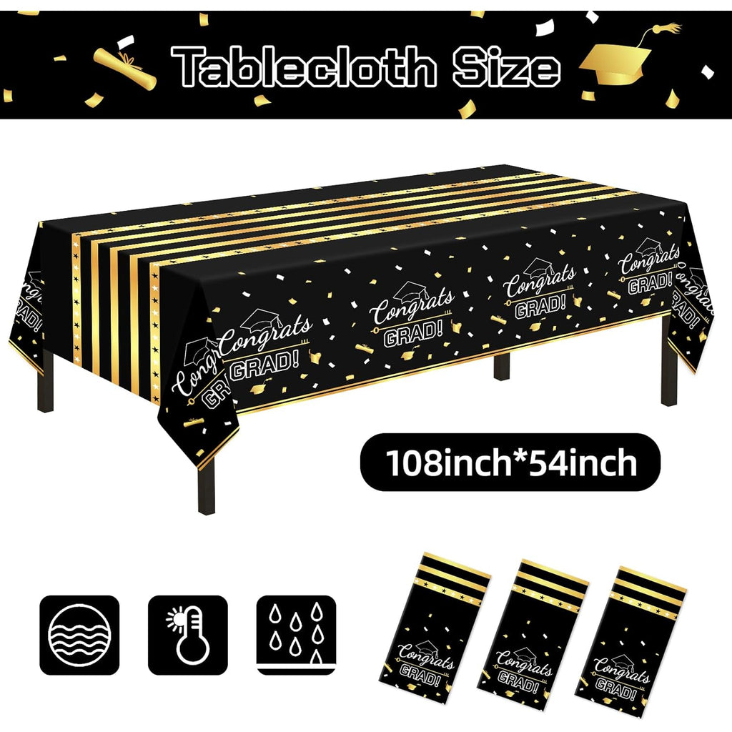 Childom 3 Pack Graduation Tablecloth,Graduation Decorations Class of 2026 Graduation Party Decorations,54"x108" Black and Gold Plastic Table Cloth Disposable Rectangle for Home,School,Party Supplies