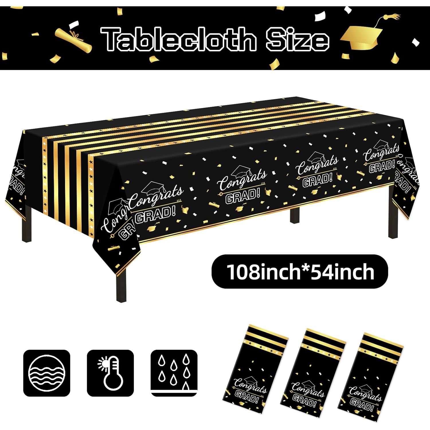 Childom 3 Pack Graduation Tablecloth,Graduation Decorations Class of 2026 Graduation Party Decorations,54"x108" Black and Gold Plastic Table Cloth Disposable Rectangle for Home,School,Party Supplies