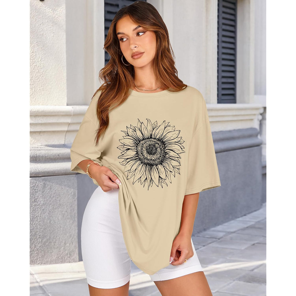 Womens Oversized Tshirt Graphic Tees Crew Neck Summer Short Sleeve Loose Fit Tops 2026 A-sunflower Print Khaki
