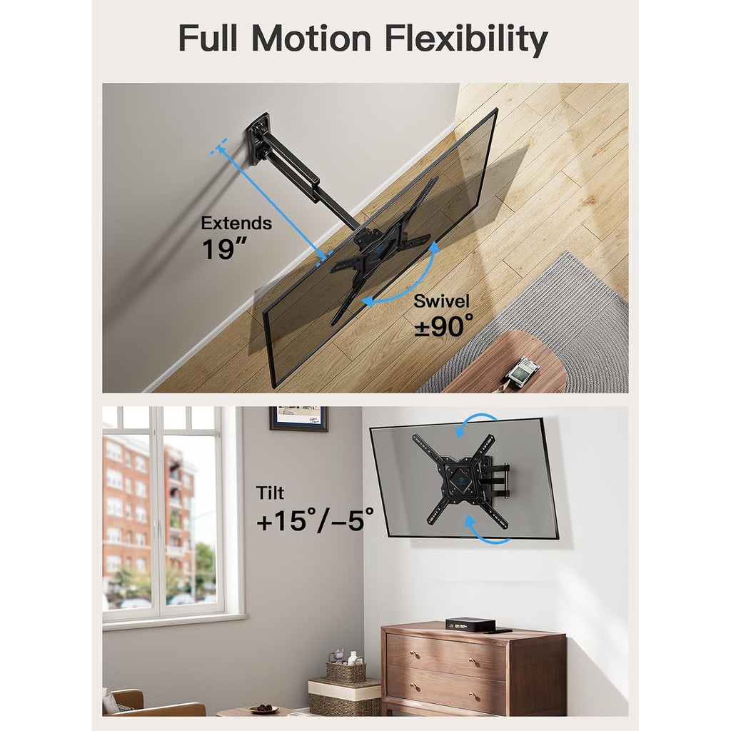 Perlesmith Full Motion Tv Wall Mount For 27-60 Inch Flat & Curved Tvs, Single Stud Tv Mount With Articulating Swivel Tilt - Wall Mount Tv Bracket Vesa 400X400Mm Up To 77 Lbs, Perfect Center Design