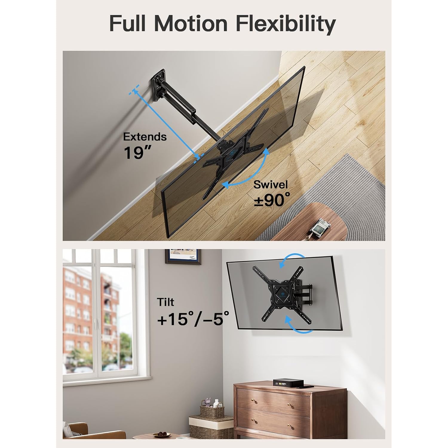 Perlesmith Full Motion Tv Wall Mount For 27-60 Inch Flat & Curved Tvs, Single Stud Tv Mount With Articulating Swivel Tilt - Wall Mount Tv Bracket Vesa 400X400Mm Up To 77 Lbs, Perfect Center Design