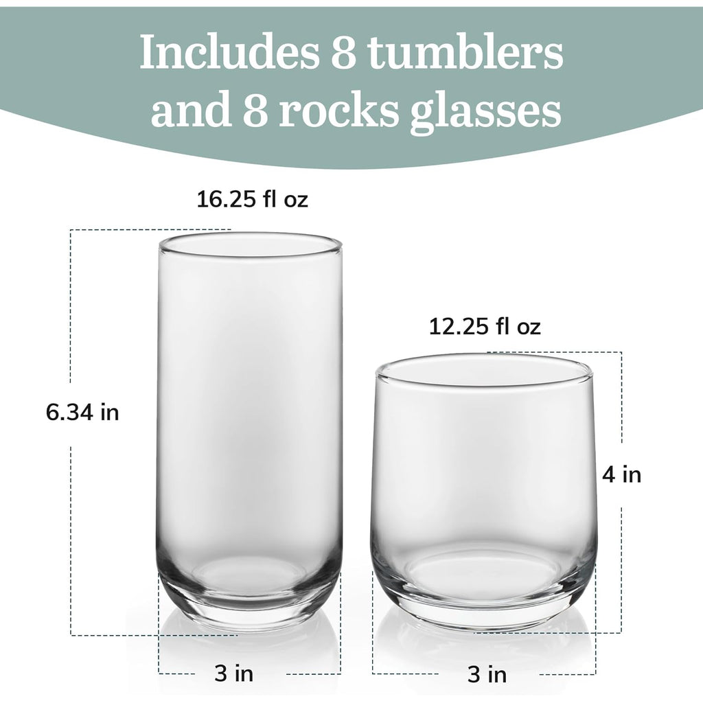 Libbey Ascent Tumbler and Rocks Drinking Glasses Set of 16, Glass Drinking Glasses with Curvature, Versatile Glassware Set for Parties and More
