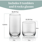 Libbey Ascent Tumbler and Rocks Drinking Glasses Set of 16, Glass Drinking Glasses with Curvature, Versatile Glassware Set for Parties and More