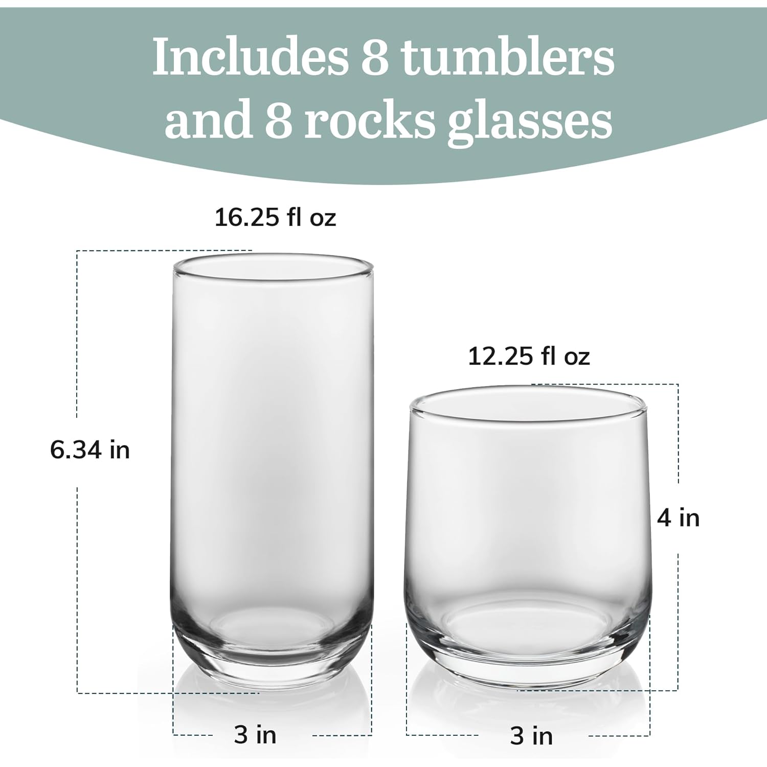 Libbey Ascent Tumbler and Rocks Drinking Glasses Set of 16, Glass Drinking Glasses with Curvature, Versatile Glassware Set for Parties and More