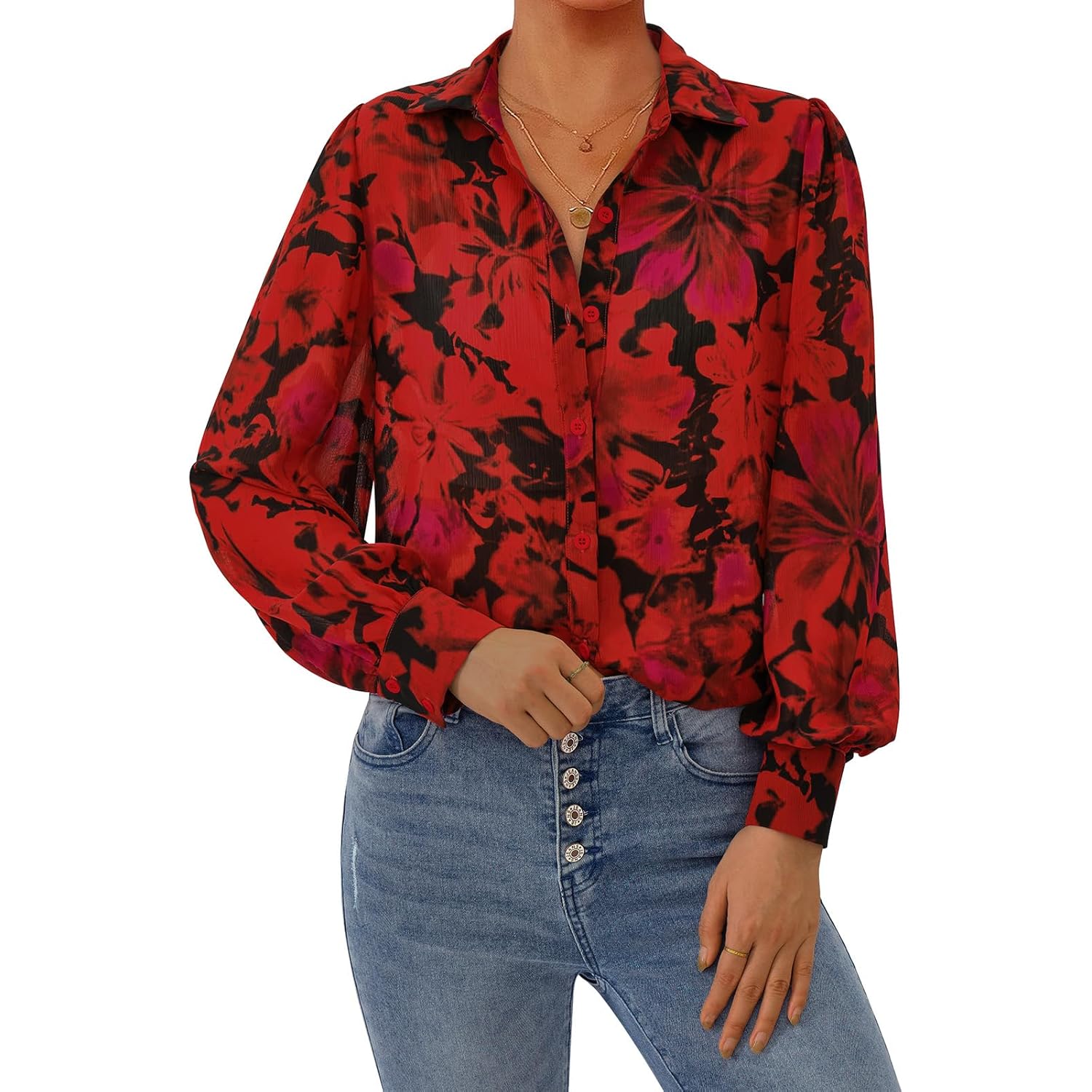 Women's Floral Blouses Dressy Casual V Neck Button Down Shirts Lantern Long Sleeve Boho Chiffon Spring Tops 2026