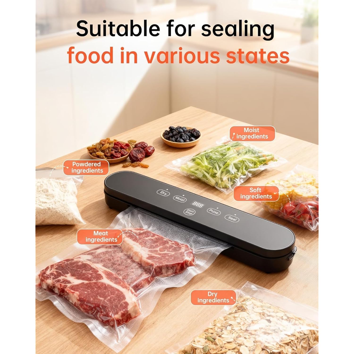 75kPa Vacuum Sealer Machine, Compact Vacuum Sealer for Food, 4-in-1 Food Sealer, Digital Timer, Moist/Dry, Pulse, Seal Modes, with 20 Vacuum Bags, Black