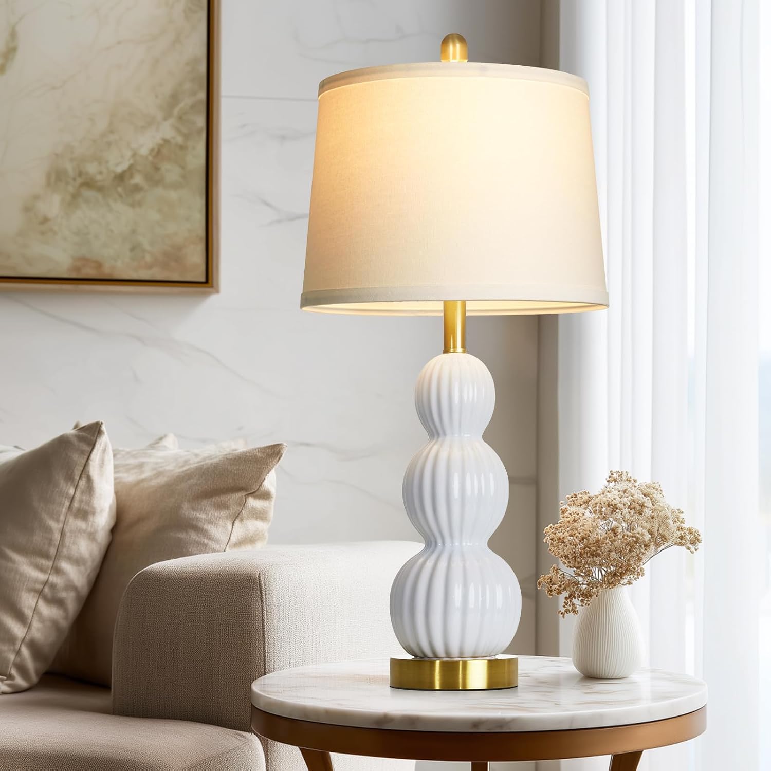 28" White Ceramic Table Lamp For Nightstand, Modern Bedside Table Lamp For Bedroom, Triple Gourd Lamp For Living Room End Table (1 Pack)