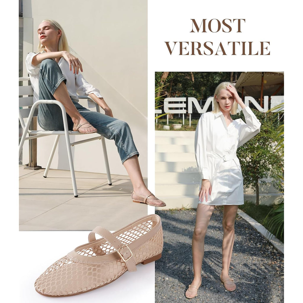 Ankis Mesh Ballet Flats For Women, Black Mesh Flats Buckle Strap Mary Jane Ballerina Flats Women'S Fishnet Flat Sandals Shoes For Dressy Summer