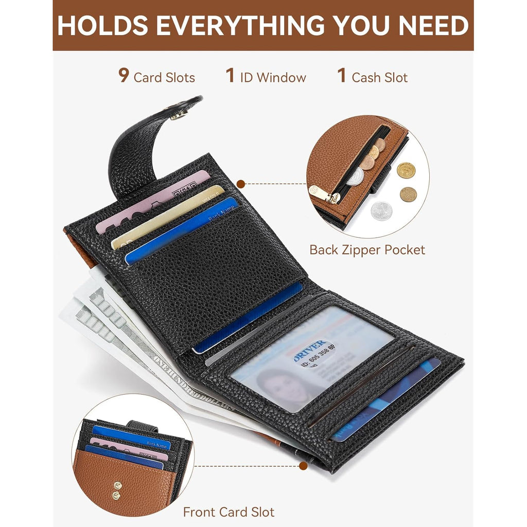 BOSTANTEN Slim Wallet for Women Small RFID Blocking Credit Card Holder Leather Bifold Wallets with Zipper Coin Pocket Black＆Brown