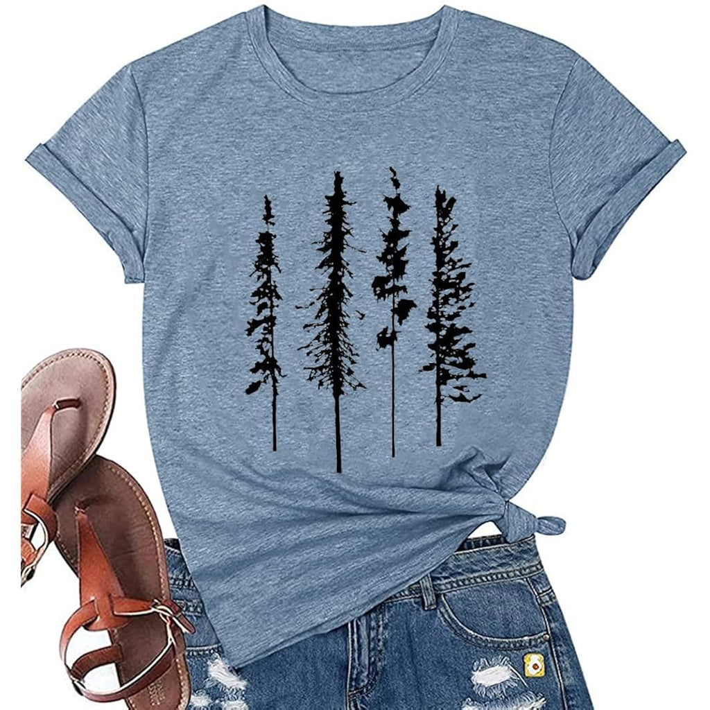 Funny Graphic Women Skinny Pine Tree Shirt Summer Hiking Camping Athletic Tees Nature Casual Comfy Clothes Ink Blue