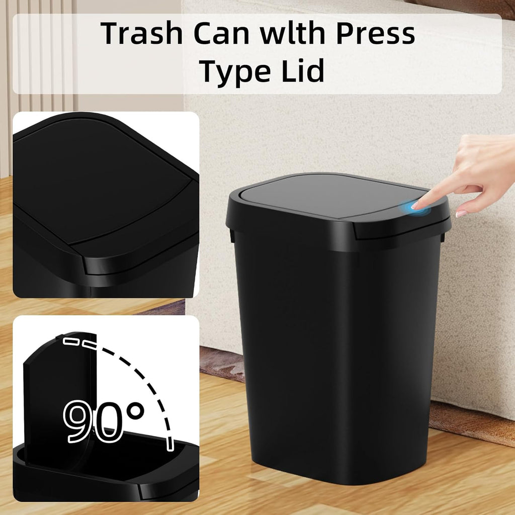 Ksskss 3 Pack Bathroom Small Trash Can With Lid, 2.6 Gallon Slim Garbage Bin With Pop-Up Lid, 10L Plastic Wastebasket For Bedroom, Office, Kitchen, Toilet (Matte Black)