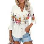 Women's Button Down T Shirts 3/4 Sleeve V-Neck Tops Casual Summer Ladies Tees Ruffle Bell Sleeve Tunic